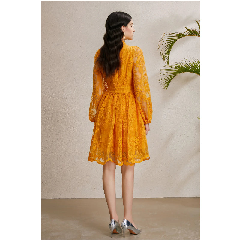 CM-DY050252 Women Elegant European Style Embroidery V-Neck Lantern Sleeve Short Dress - Yellow
