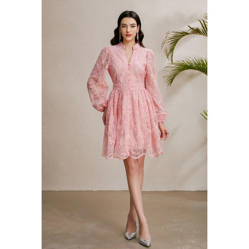 CM-DY050253 Women Elegant European Style Embroidery V-Neck Lantern Sleeve Short Dress - Pink