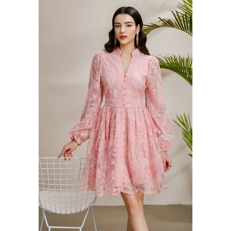 CM-DY050253 Women Elegant European Style Embroidery V-Neck Lantern Sleeve Short Dress - Pink