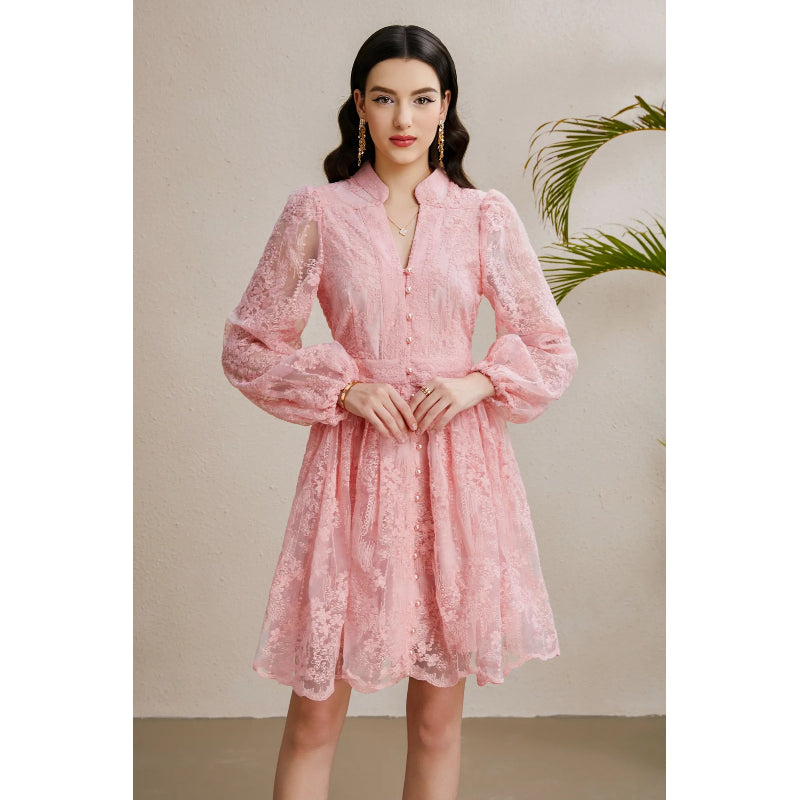 CM-DY050253 Women Elegant European Style Embroidery V-Neck Lantern Sleeve Short Dress - Pink