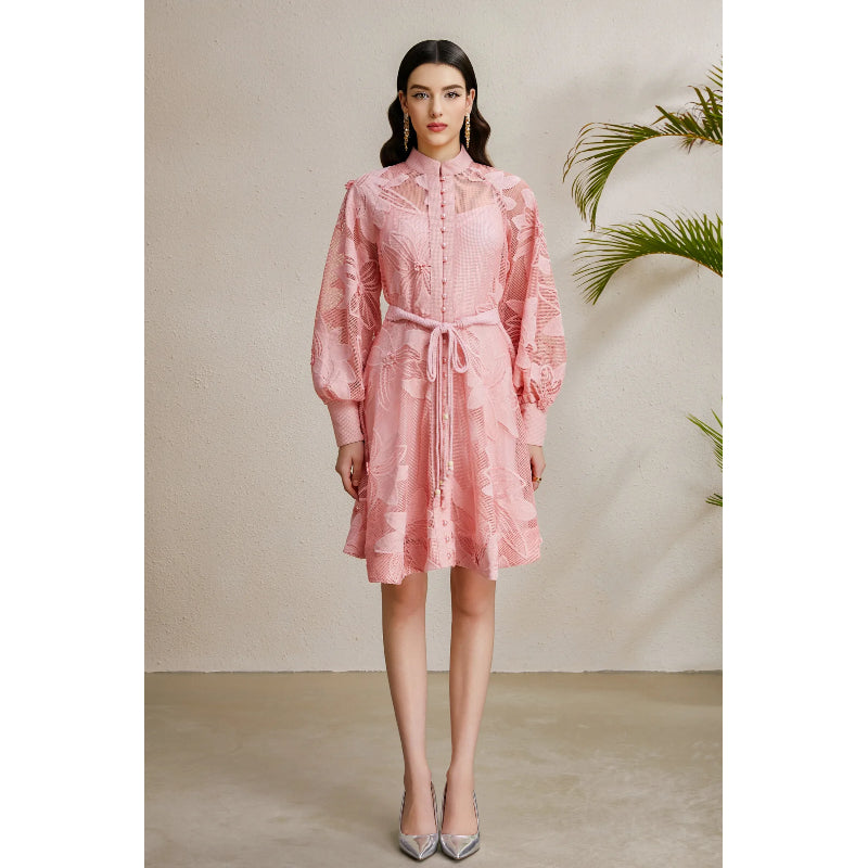 CM-DY050254 Women Elegant European Style Lace Stand Collar Lantern Sleeve Belted Mini Dress - Pink