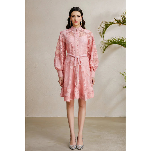 CM-DY050254 Women Elegant European Style Lace Stand Collar Lantern Sleeve Belted Mini Dress - Pink