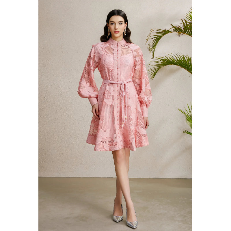 CM-DY050254 Women Elegant European Style Lace Stand Collar Lantern Sleeve Belted Mini Dress - Pink