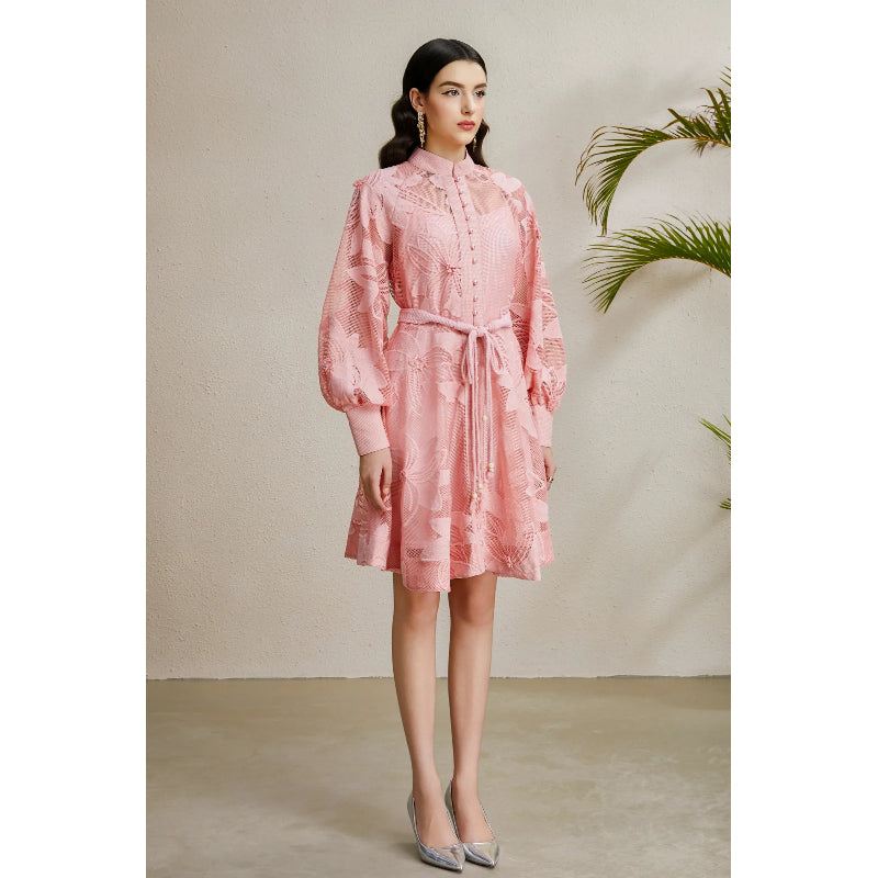 CM-DY050254 Women Elegant European Style Lace Stand Collar Lantern Sleeve Belted Mini Dress - Pink