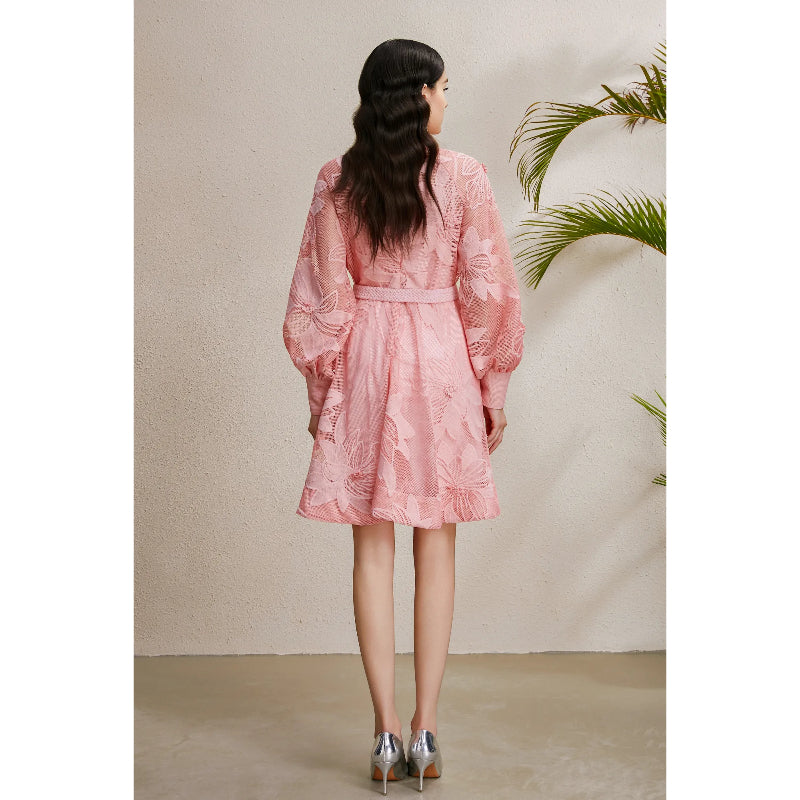 CM-DY050254 Women Elegant European Style Lace Stand Collar Lantern Sleeve Belted Mini Dress - Pink