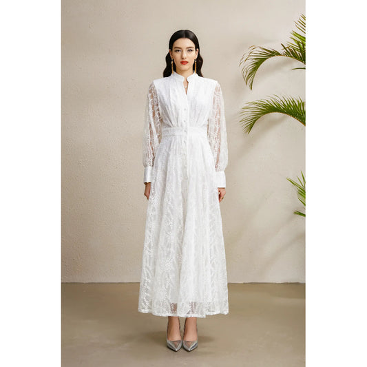 CM-DY050255 Women Elegant European Style V-Neck Lantern Sleeve Embroidery Long Dress - White