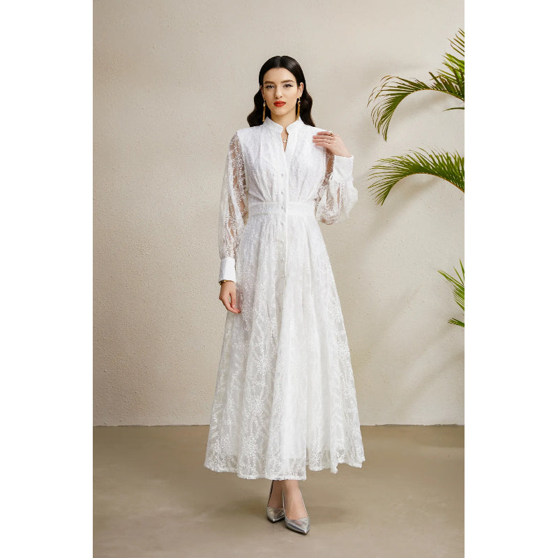 CM-DY050255 Women Elegant European Style V-Neck Lantern Sleeve Embroidery Long Dress - White