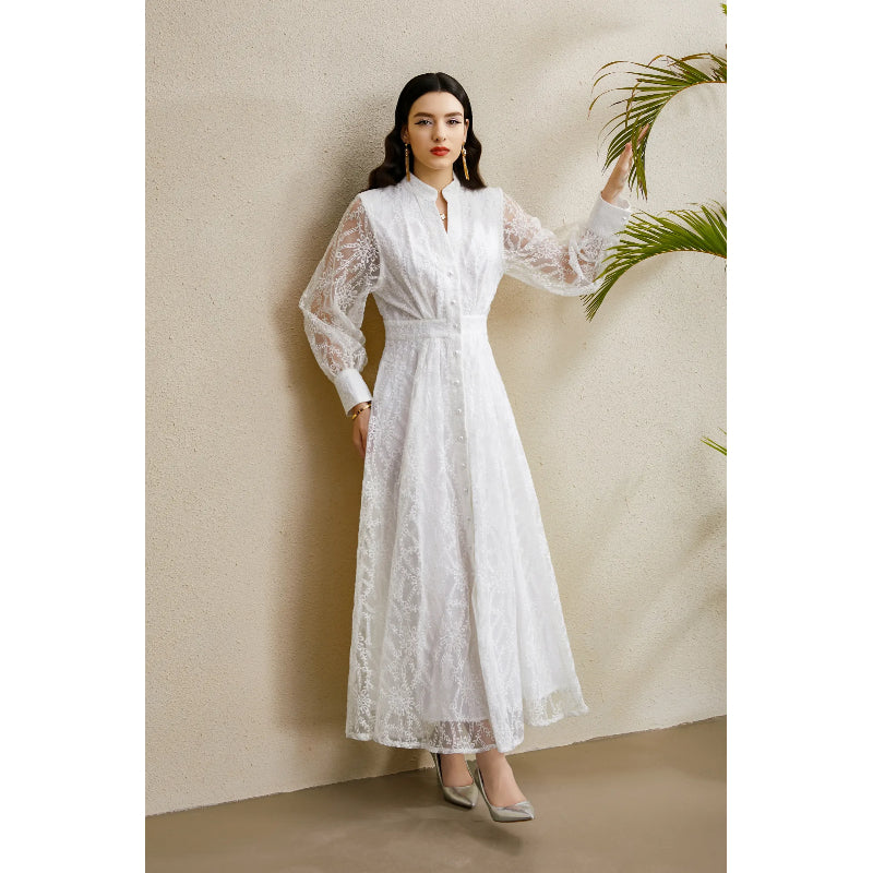 CM-DY050255 Women Elegant European Style V-Neck Lantern Sleeve Embroidery Long Dress - White