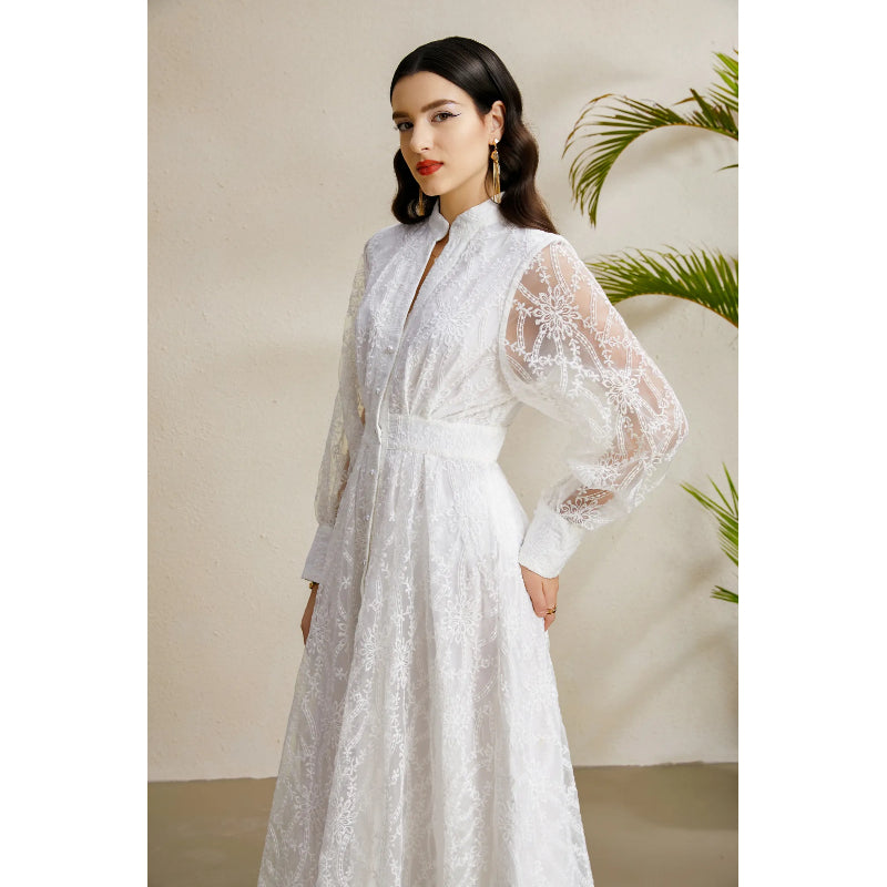 CM-DY050255 Women Elegant European Style V-Neck Lantern Sleeve Embroidery Long Dress - White