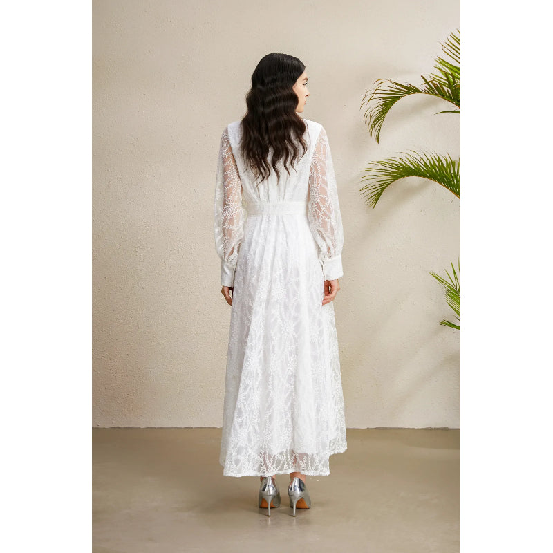 CM-DY050255 Women Elegant European Style V-Neck Lantern Sleeve Embroidery Long Dress - White