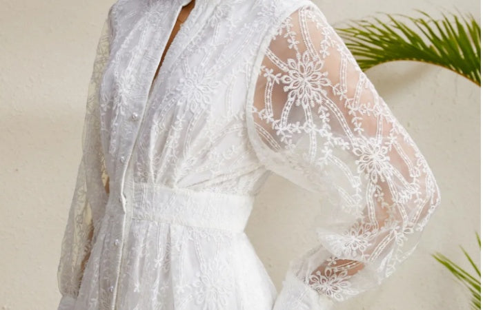 CM-DY050255 Women Elegant European Style V-Neck Lantern Sleeve Embroidery Long Dress - White
