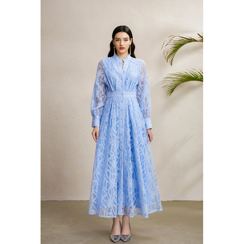CM-DY050256 Women Elegant European Style V-Neck Lantern Sleeve Embroidery Long Dress - Sky Blue