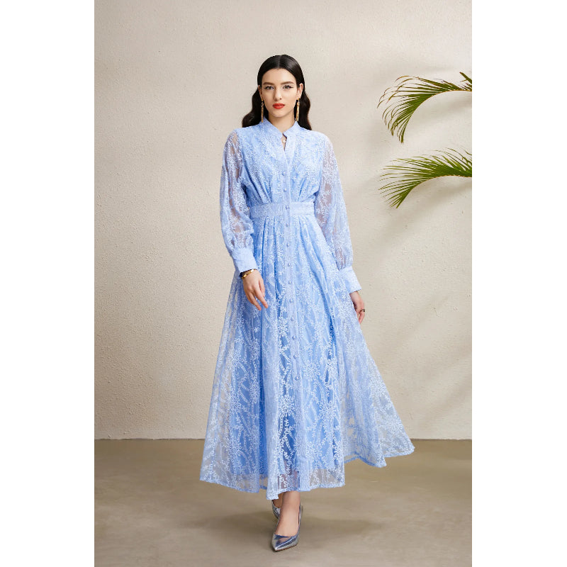 CM-DY050256 Women Elegant European Style V-Neck Lantern Sleeve Embroidery Long Dress - Sky Blue