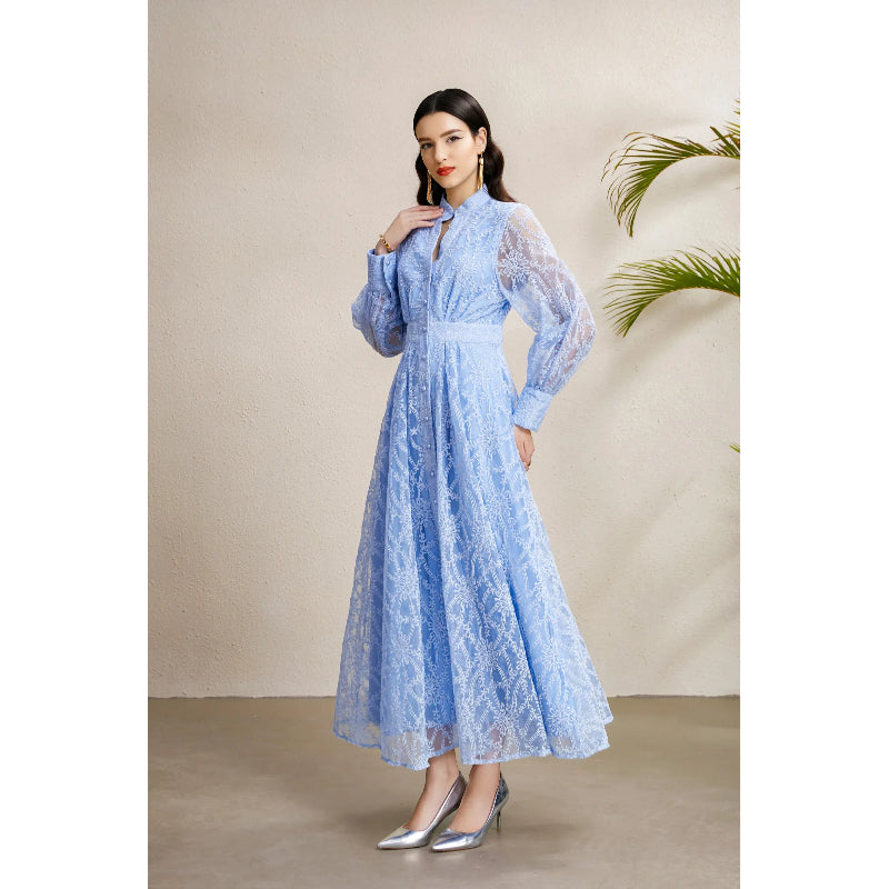 CM-DY050256 Women Elegant European Style V-Neck Lantern Sleeve Embroidery Long Dress - Sky Blue