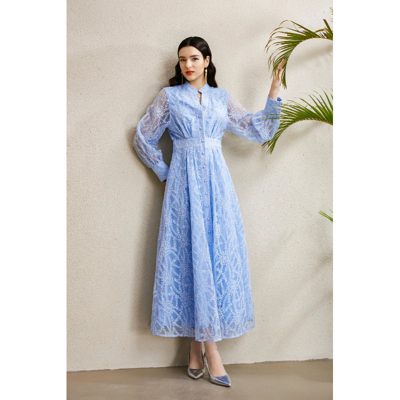 CM-DY050256 Women Elegant European Style V-Neck Lantern Sleeve Embroidery Long Dress - Sky Blue