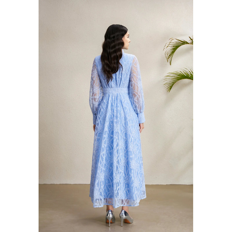 CM-DY050256 Women Elegant European Style V-Neck Lantern Sleeve Embroidery Long Dress - Sky Blue