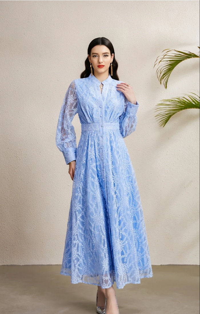 CM-DY050256 Women Elegant European Style V-Neck Lantern Sleeve Embroidery Long Dress - Sky Blue