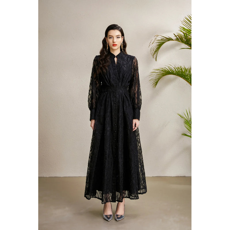 CM-DY050257 Women Elegant European Style V-Neck Lantern Sleeve Embroidery Long Dress - Black
