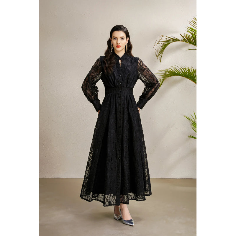 CM-DY050257 Women Elegant European Style V-Neck Lantern Sleeve Embroidery Long Dress - Black
