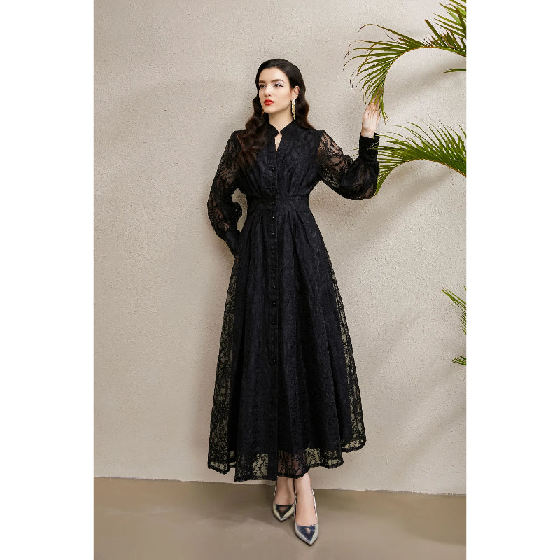 CM-DY050257 Women Elegant European Style V-Neck Lantern Sleeve Embroidery Long Dress - Black