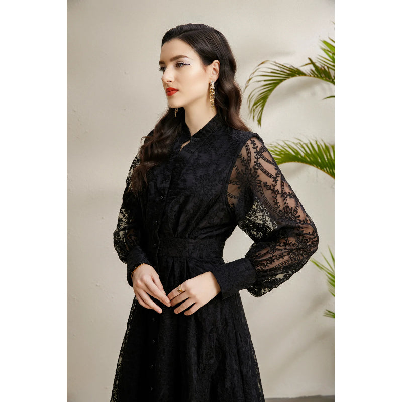 CM-DY050257 Women Elegant European Style V-Neck Lantern Sleeve Embroidery Long Dress - Black