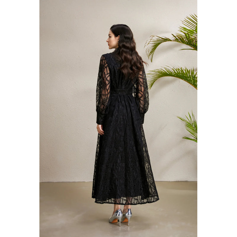 CM-DY050257 Women Elegant European Style V-Neck Lantern Sleeve Embroidery Long Dress - Black