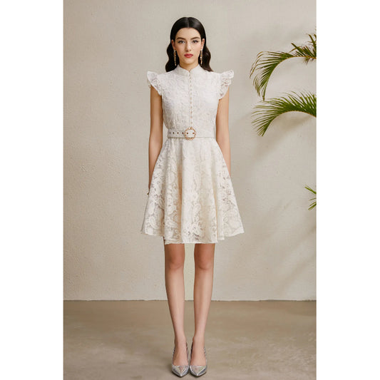 CM-DY050258 Women Elegant European Style Embroidery Stand Collar Sleeveless Mini Dress - Apricot