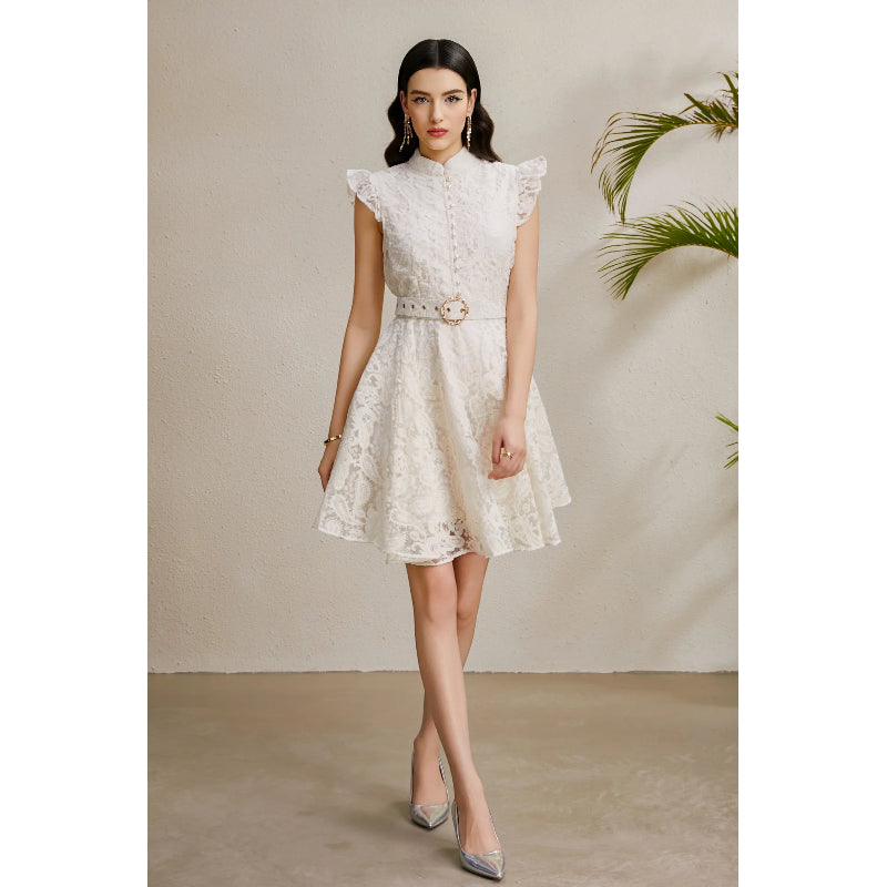 CM-DY050258 Women Elegant European Style Embroidery Stand Collar Sleeveless Mini Dress - Apricot