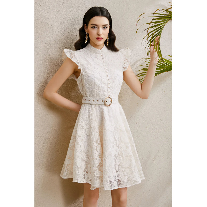 CM-DY050258 Women Elegant European Style Embroidery Stand Collar Sleeveless Mini Dress - Apricot