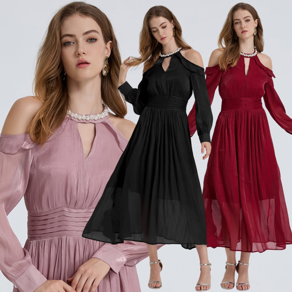 CM-DY050391 Women Elegant European Style Round Neck Strapless Long Sleeve High Waist Ruffle Dress (Available in 3 colors)