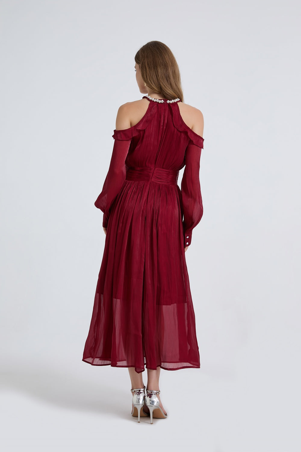 CM-DY050391 Women Elegant European Style Round Neck Strapless Long Sleeve High Waist Ruffle Dress (Available in 3 colors)