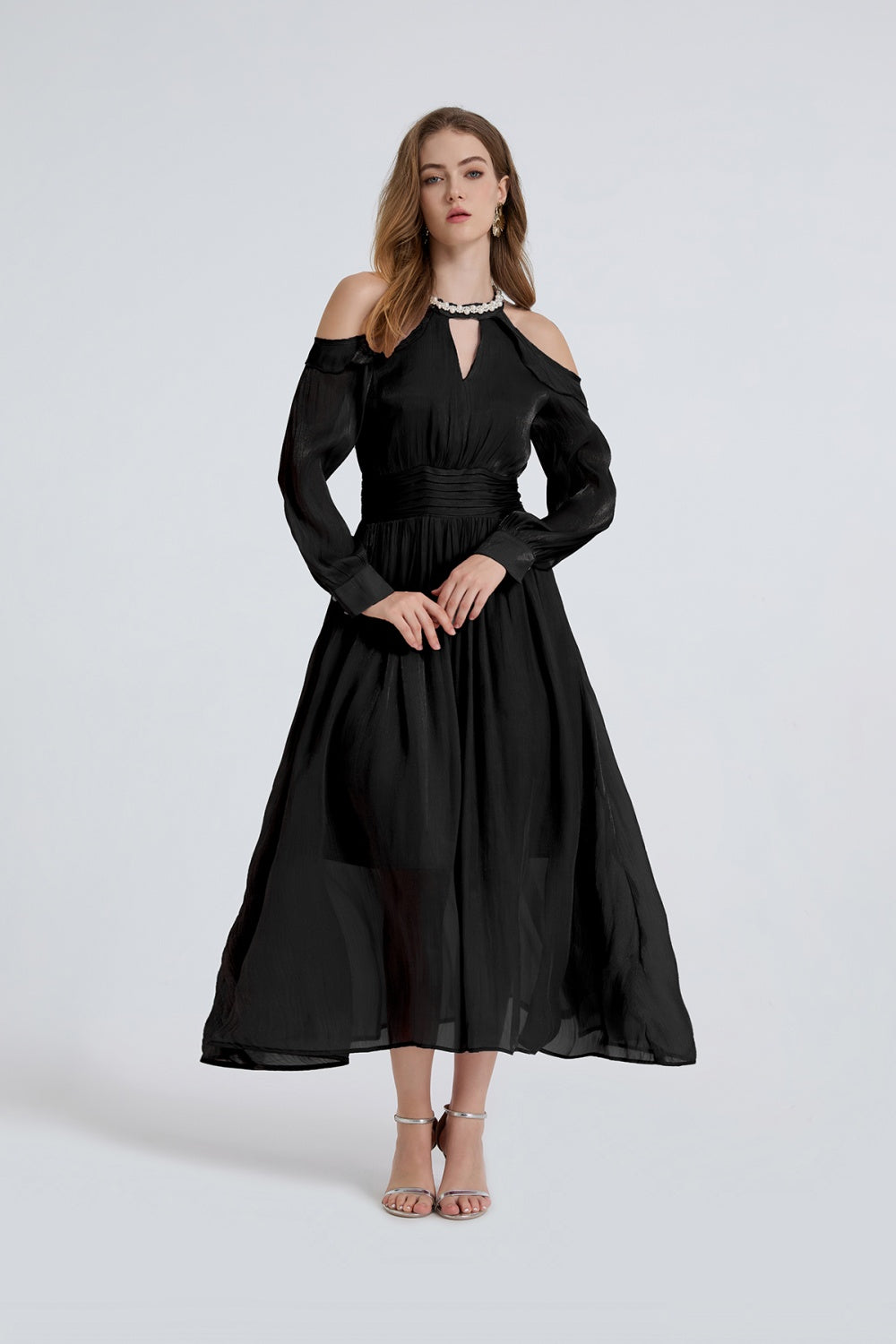 CM-DY050391 Women Elegant European Style Round Neck Strapless Long Sleeve High Waist Ruffle Dress (Available in 3 colors)