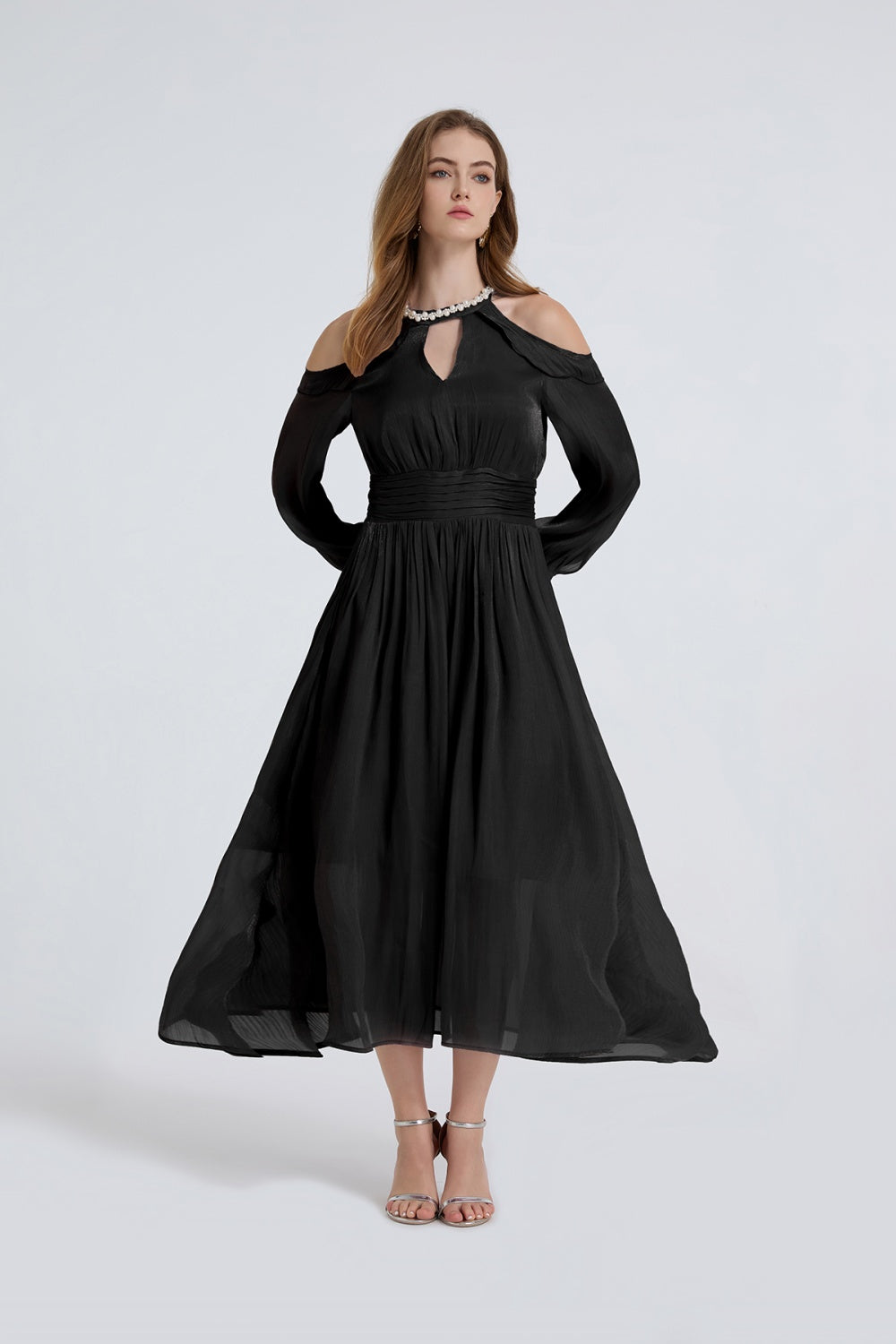 CM-DY050391 Women Elegant European Style Round Neck Strapless Long Sleeve High Waist Ruffle Dress (Available in 3 colors)