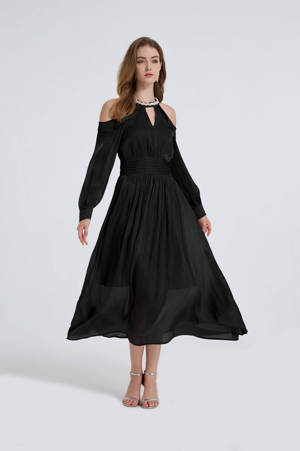 CM-DY050391 Women Elegant European Style Round Neck Strapless Long Sleeve High Waist Ruffle Dress (Available in 3 colors)