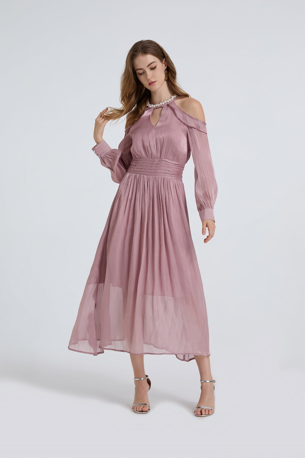 CM-DY050391 Women Elegant European Style Round Neck Strapless Long Sleeve High Waist Ruffle Dress (Available in 3 colors)