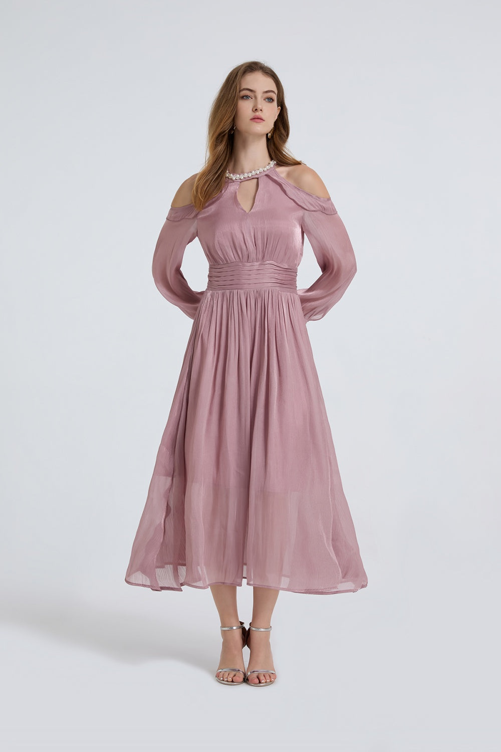 CM-DY050391 Women Elegant European Style Round Neck Strapless Long Sleeve High Waist Ruffle Dress (Available in 3 colors)