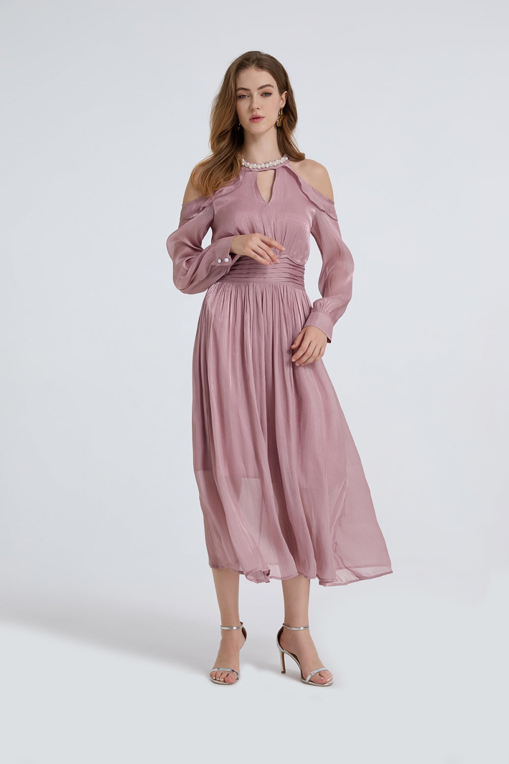 CM-DY050391 Women Elegant European Style Round Neck Strapless Long Sleeve High Waist Ruffle Dress (Available in 3 colors)
