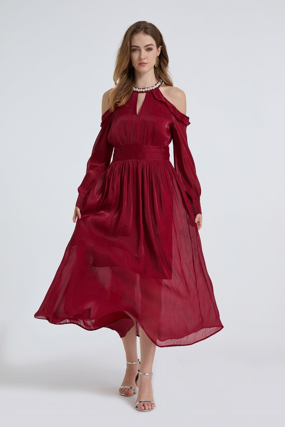 CM-DY050391 Women Elegant European Style Round Neck Strapless Long Sleeve High Waist Ruffle Dress (Available in 3 colors)