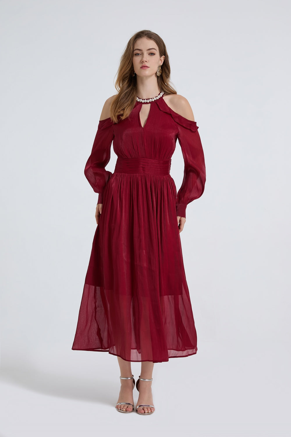 CM-DY050391 Women Elegant European Style Round Neck Strapless Long Sleeve High Waist Ruffle Dress (Available in 3 colors)