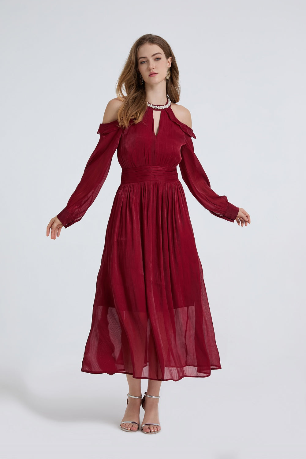 CM-DY050391 Women Elegant European Style Round Neck Strapless Long Sleeve High Waist Ruffle Dress (Available in 3 colors)