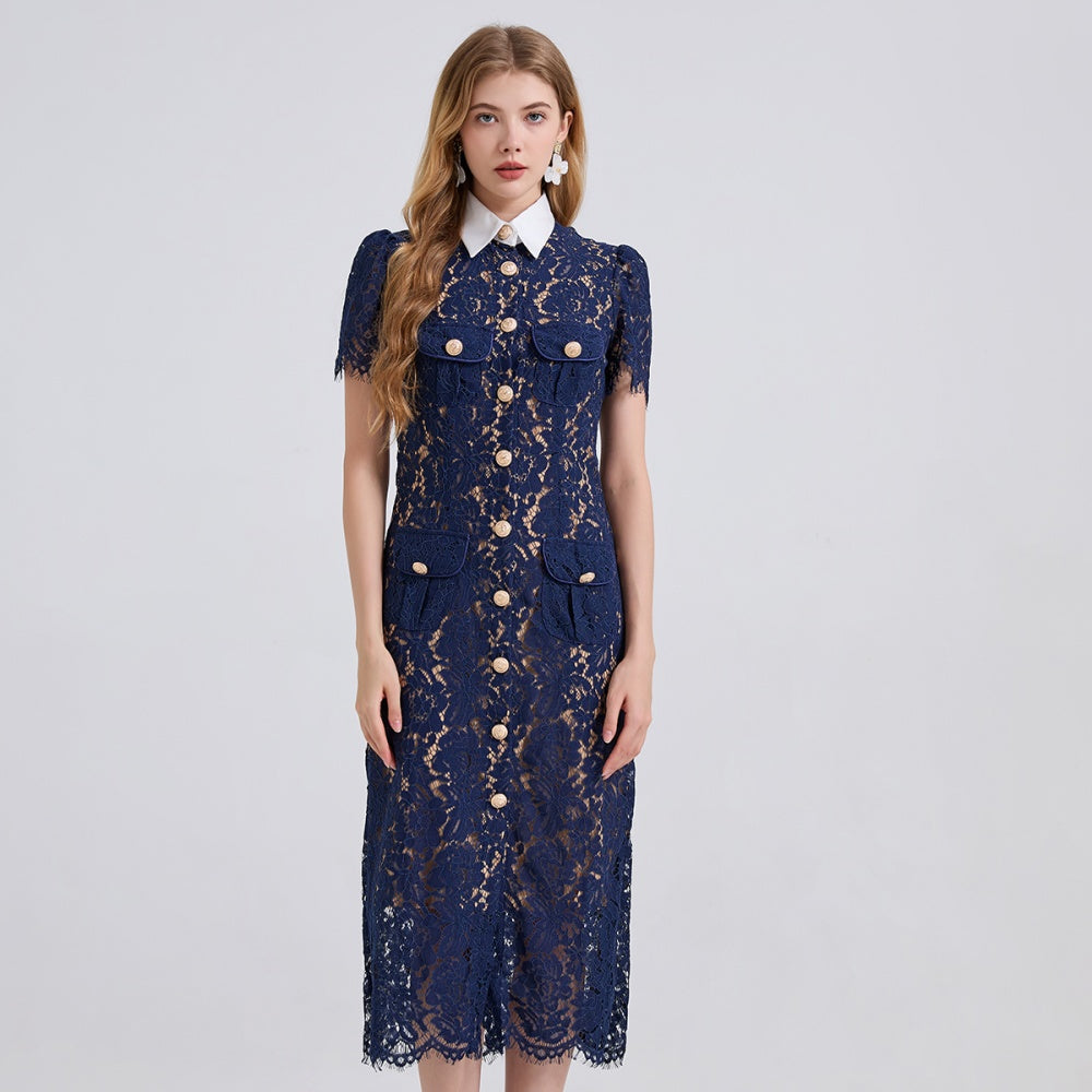 CM-DY050392 Women Elegant European Style Contrast Color Doll Collar Short Sleeve Lace Midi Dress - Blue