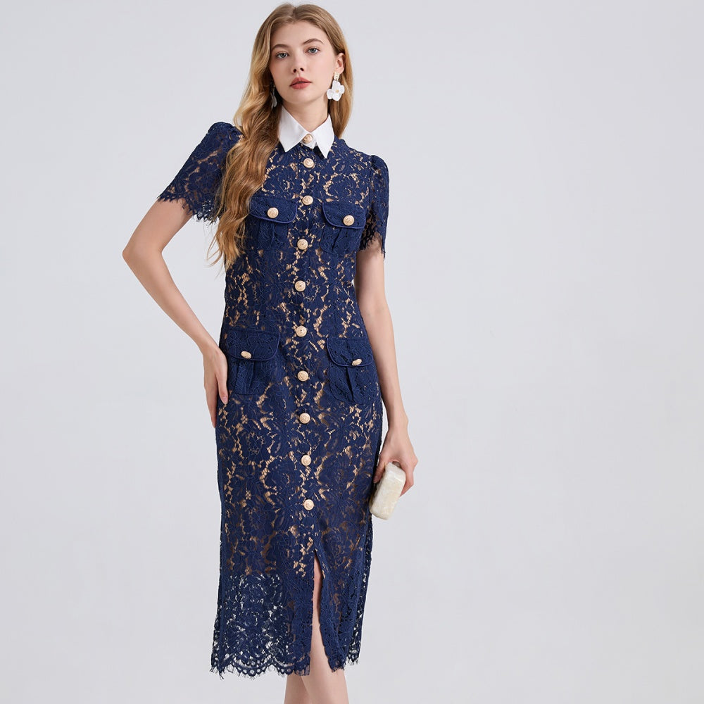 CM-DY050392 Women Elegant European Style Contrast Color Doll Collar Short Sleeve Lace Midi Dress - Blue