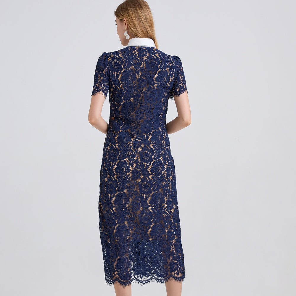 CM-DY050392 Women Elegant European Style Contrast Color Doll Collar Short Sleeve Lace Midi Dress - Blue