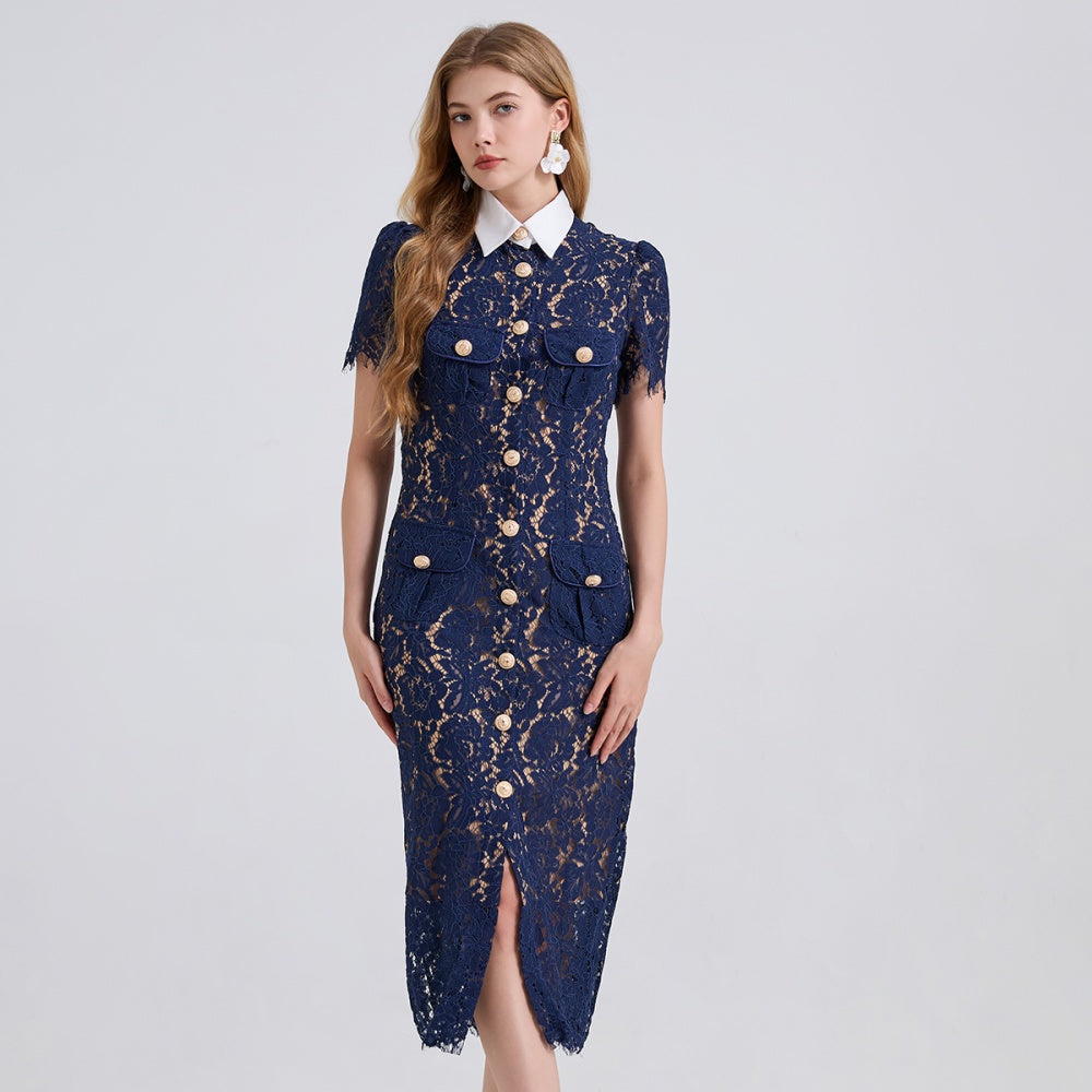CM-DY050392 Women Elegant European Style Contrast Color Doll Collar Short Sleeve Lace Midi Dress - Blue
