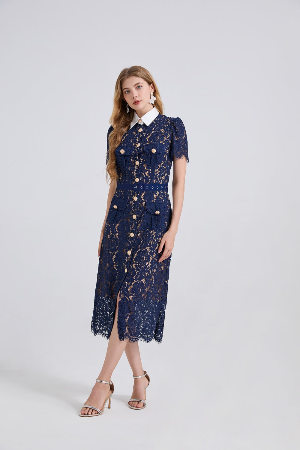 CM-DY050392 Women Elegant European Style Contrast Color Doll Collar Short Sleeve Lace Midi Dress - Blue
