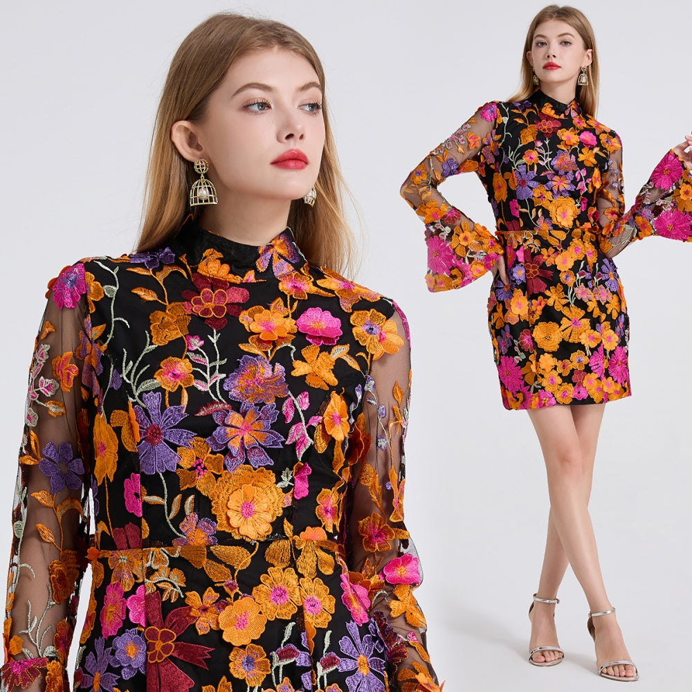 CM-DY050394 Women Elegant European Style Embroidered Floral Stand Collar Long Sleeve Mini Dress