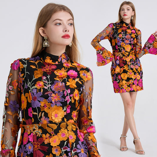 CM-DY050394 Women Elegant European Style Embroidered Floral Stand Collar Long Sleeve Mini Dress