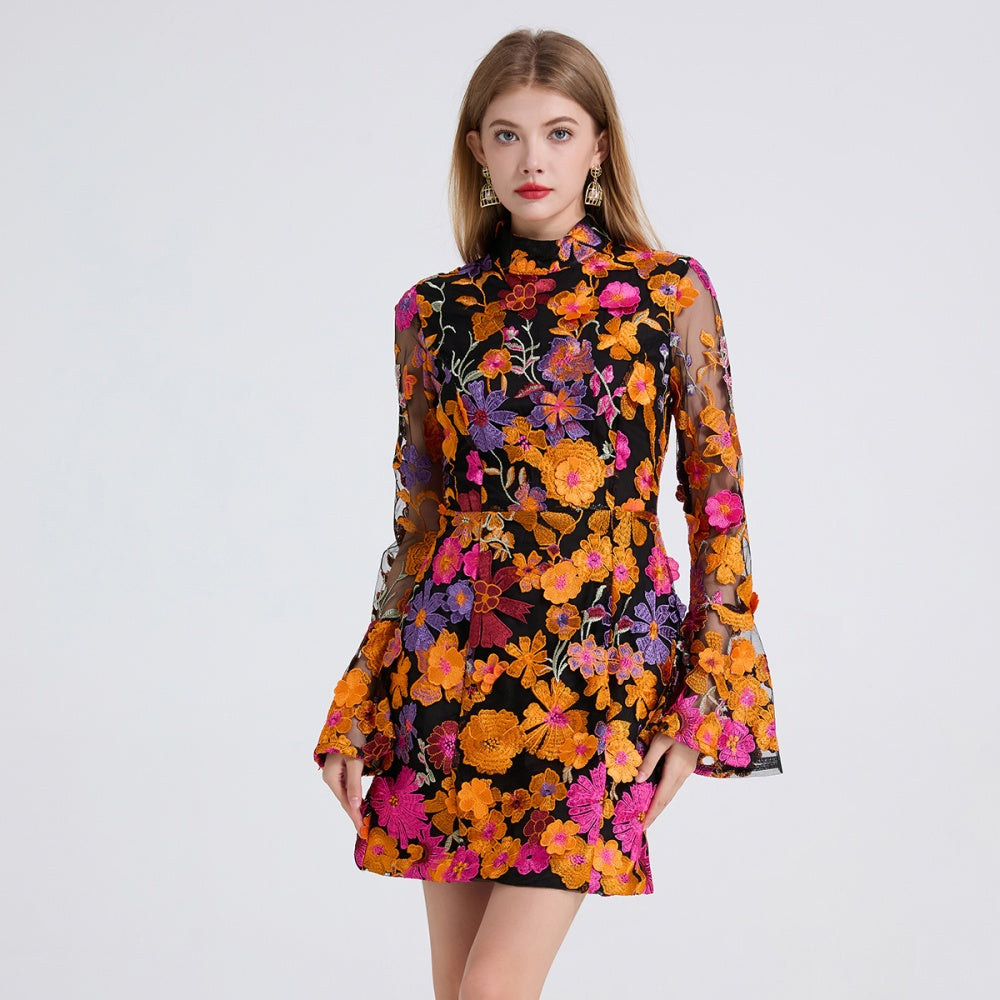 CM-DY050394 Women Elegant European Style Embroidered Floral Stand Collar Long Sleeve Mini Dress
