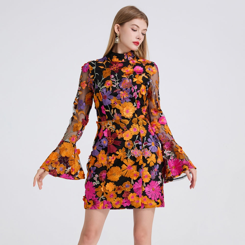 CM-DY050394 Women Elegant European Style Embroidered Floral Stand Collar Long Sleeve Mini Dress
