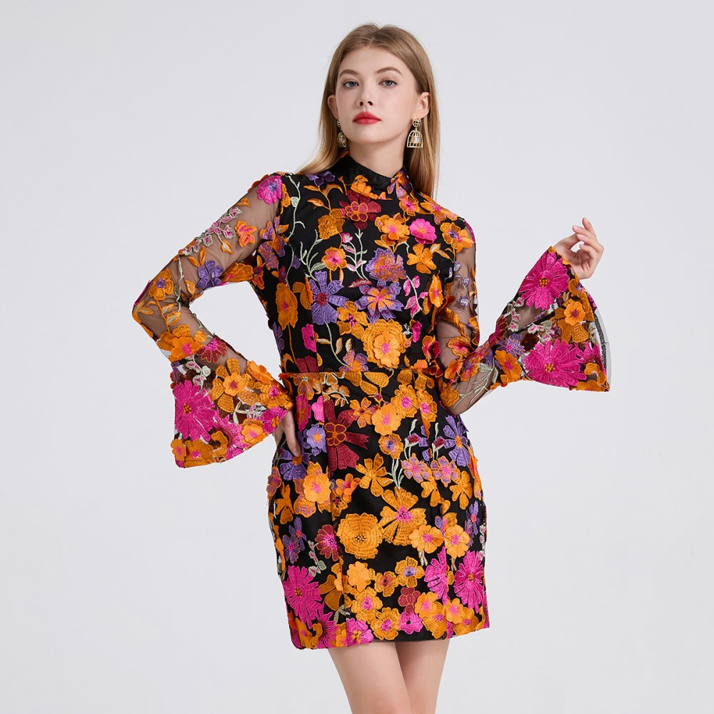 CM-DY050394 Women Elegant European Style Embroidered Floral Stand Collar Long Sleeve Mini Dress